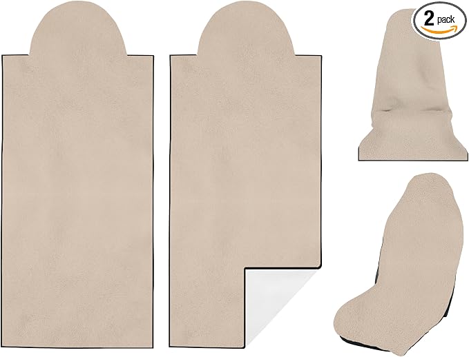 2 Pack Car Seat Towel Covers for Gym, Front Seats, Beige | Beige Sweat Protector for Front Seats Premium Thickened with Elastic Strap Breathable & Quick Dry Machine Washable Running by Semtomn