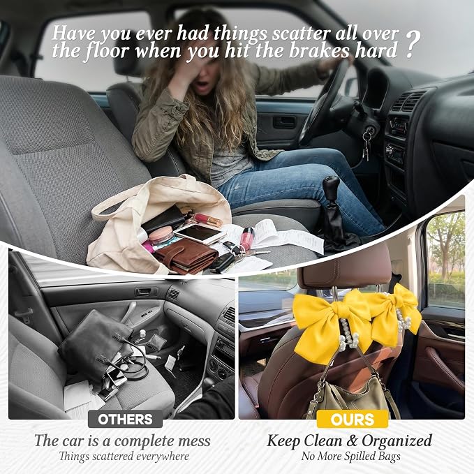 2PCS Satin Bow Pearl Car Seat Headrest Hooks – Car Bag Holder & Vehicle Hanger for Purses – Cute Coquette Aesthetic Interior Decoration – Cute Auto Organizer Accessories Universal (Sunshine Yellow) - Image 4
