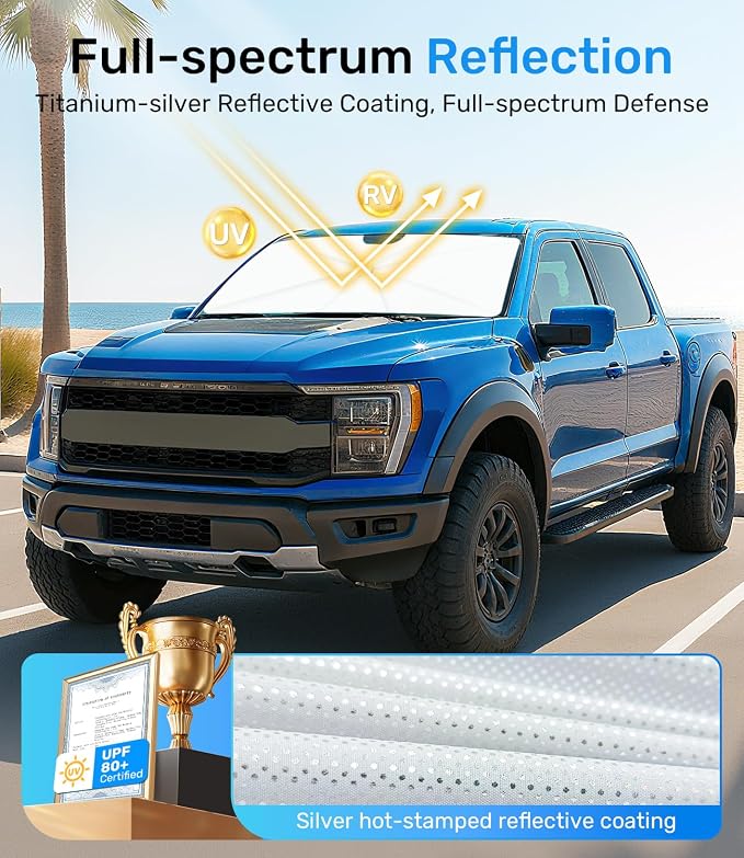 Zanch Upgrade Windshield Sun Shade, Custom Fit for Ford F150 2015-2025 [Titanium-Silver Reflective Coating] Blocks 99% UV & Heat, Sunshade Umbrella for F150 2015 ... 2022 2023 2024 2025 - Image 3