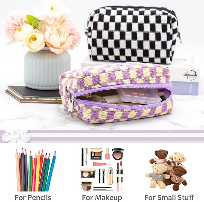 Checkered Makeup Bag for Purse, Small Travel Cosmetic Pouch,Purple,6 Pack | Cute Zipper Makeup Organizer for Women, Travel Essentials, Toiletries, Makeup Brushes, Beauty Accessories&Bridesmaid Gifts - Image 2