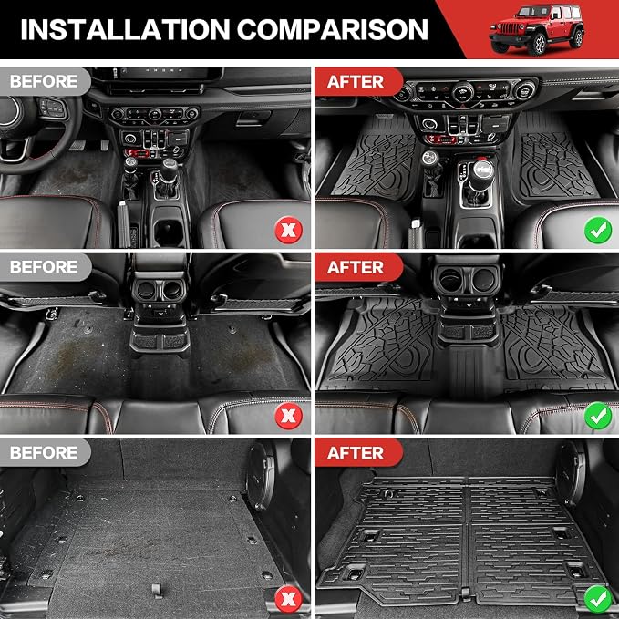 Cargo Liner with Floor Mats Fit for 2018-2025 Jeep Wrangler JL Unlimited 4 Door 4X4, Cargo Mat Durable TPE Floor Liner for 2024 Jeep Wrangler JL/JLU Accessories(Cargo Mat+Floor Mat) - Image 5