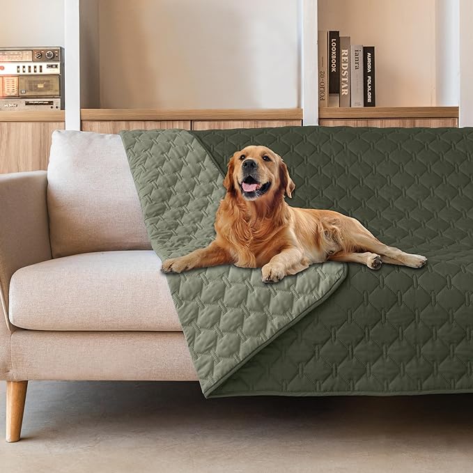 gogobunny 100% Double Sided Waterproof Dog Blanket Soft Pet Bed Cover Reversible Protect Furniture Couch Sofa Car for Puppy Large Dog Cat (Dark Olive/Light Olive, 82x120 Inch (Pack of 1)) by gogobunny