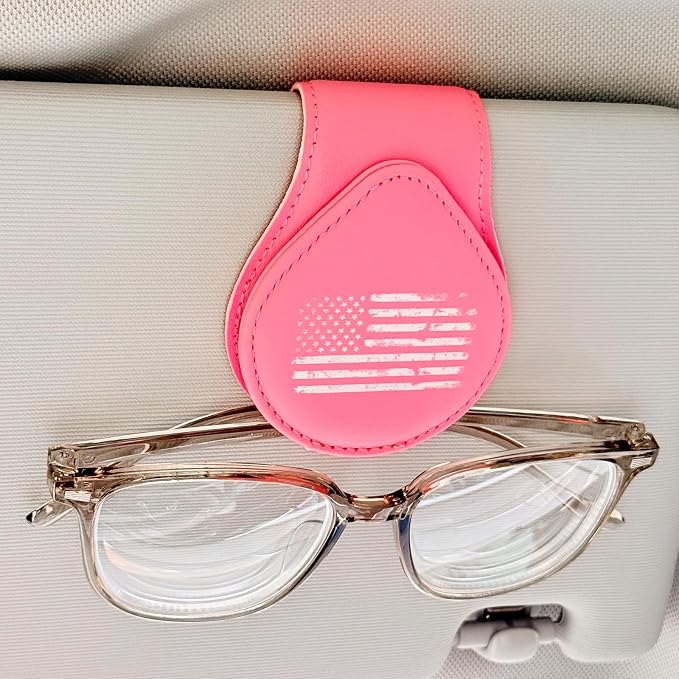 American Flag - Car Sunglass Holder, Magnetic Leather Eyeglass Hanger Mount Clip Holder for Car Visor Accessories (Pink) | Magnetic Leather - Image 2