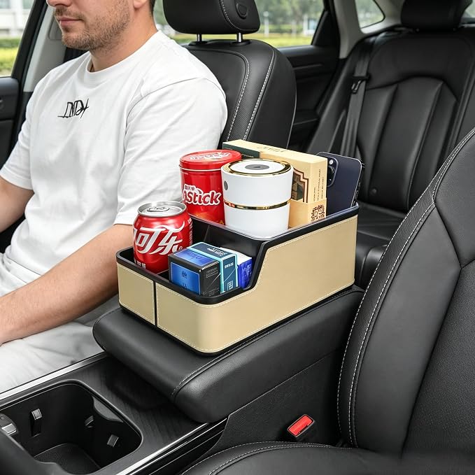 Car Seat Organizer with Compartment,Small Caddy for Car Beige | Armrest Extra Storage Box,Car Front & Back Seat Floor Organizer,Console Organizer Cup Holder for Cars SUVs Pickup Van Truck - Image 2