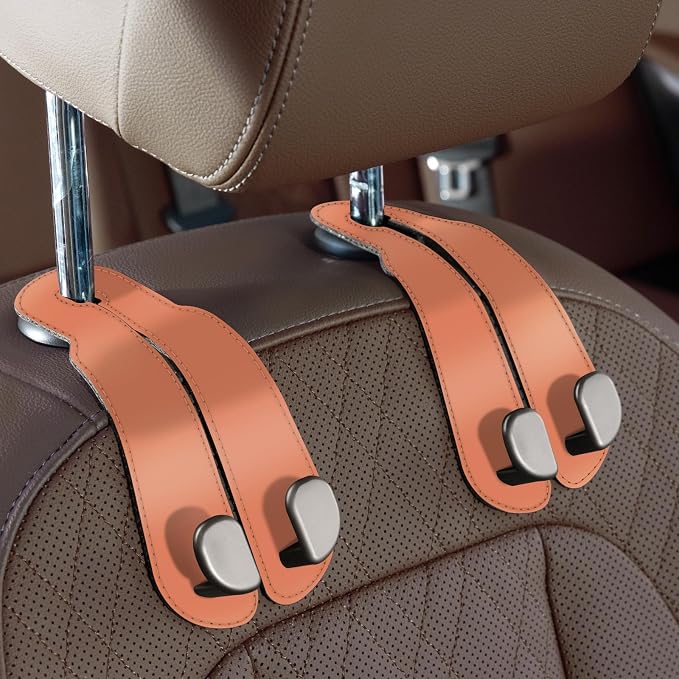 CoBak Purse Hook for Car - Universal Premium Stitched Leather and Aluminum-Magnesium Alloy Double Car Seat Back Storage Hook for Purses, Handbags, Bags (2 Pack),Coral Orange by PopulartabletcasebrandWegivepeoplethebestdesignofprotectingvariouselectronicdevices