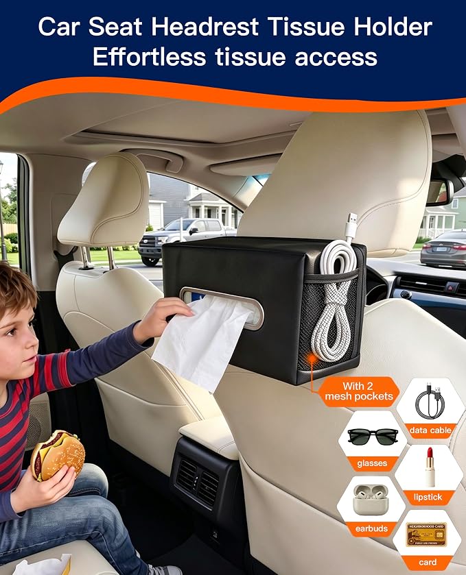 Large Car Tissue Holder PU Leather Organizer with 2 Mesh Pockets | Rectangle Tissue Box Cover for Headrest, Backseat & Armrest, Smooth-Pull Metal Opening Fits 120-160 Count Napkins - Image 2