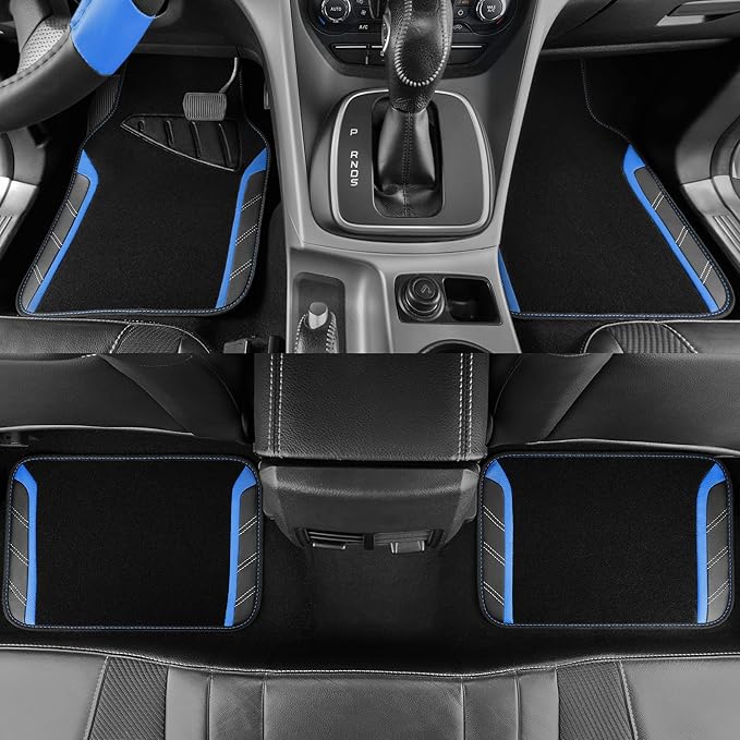 CAR PASS Leather Steering Wheel Cover and Waterproof Car Floor Mats,Microfiber Universal Car Combo Fit for 95% Sedan,SUV,Cars,14.5-15inch Sporty Anti-Slip Safety Comfortable Design(Black＆Blue) - Image 3