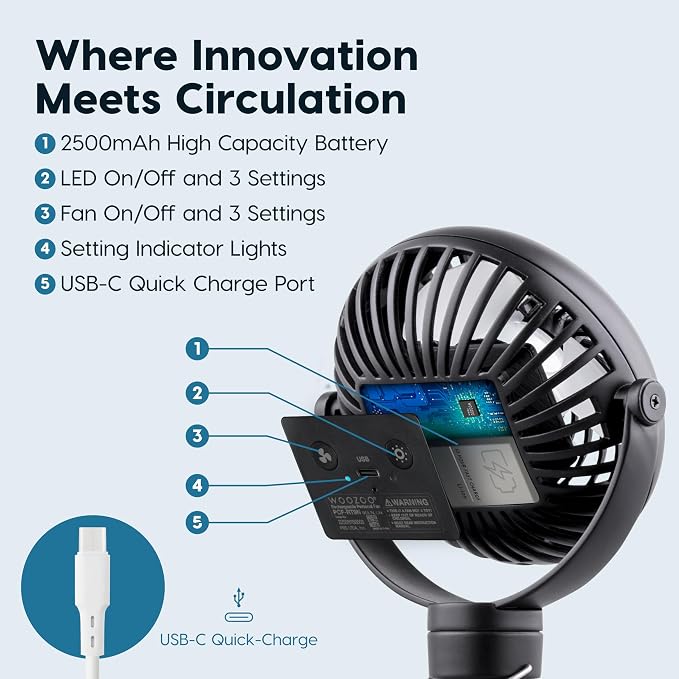 IRIS USA WOOZOO Cordless Portable Clip On Fan, USB-C Rechargeable, Black | LED Light, Mosquito Repellent Tray, 360° Tilt, 3 Speeds, Pet Stroller Car Fan, Camping Golfing Outdoor Use - Image 3