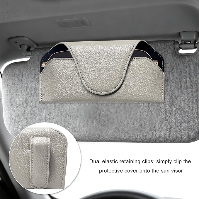 Sunglass Holder for Car Visor, Magnetic Auto Sun Visor Eyeglass Organizer with Dual Back Clips, Leather Glasses Protective Storage Case Universal for Most Vehicles Visors (Gray) - Image 5