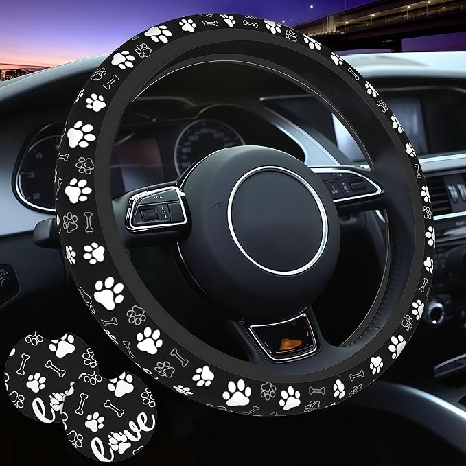 Paw Print Steering Wheel Cover Universal 15 Inch +2 Pieces Car Coasters | Anti-Slip Breathable Car for Men/Women Dog Paw Print Steering Wheel Cover Dogs Prints - Image 2
