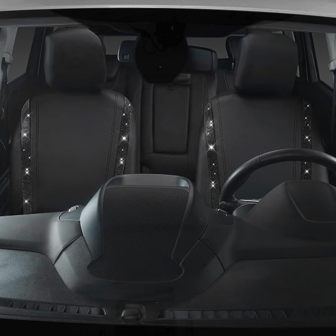 CAR PASS Leather Bling Diamond Car Seat Covers 2 Front Interior Sets, Waterproof Universal Shining Glitter Crystal Sparkle Fit for 95% Automotive Truck SUV Cute Women Girl, Black Rhinestone - Image 6