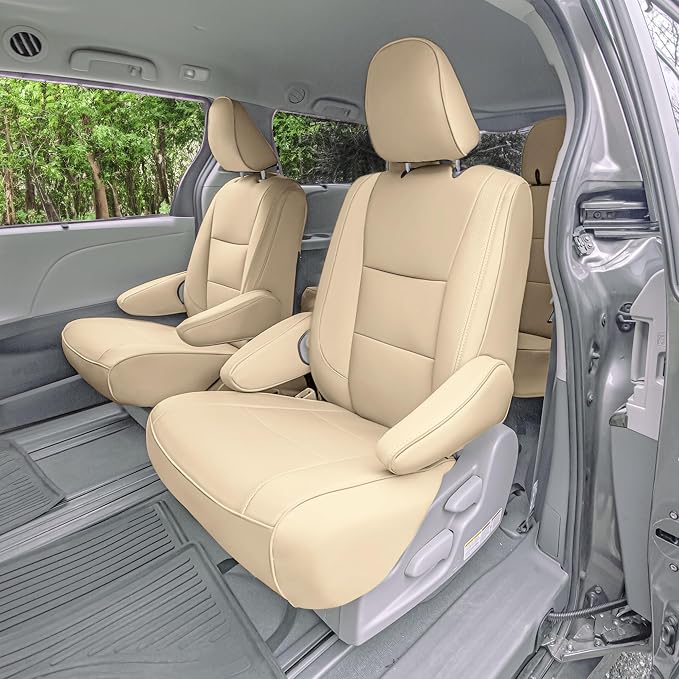FH Group Custom Fit Car Seat Covers Specifically Made for 2011-2020 Toyota Sienna 7 Passenger, Car Seat Cover Full Set, Automotive Seat Covers in Solid Beige Faux Leather, Waterproof and Washable - Image 4