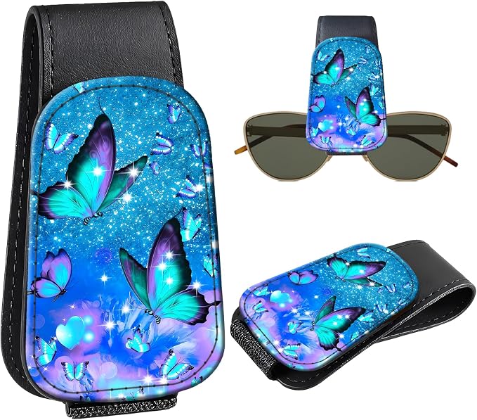 Leather Magnetic Sunglass Holder for Car Sun Visor, Cute Eyeglass Ticket Card Hanger Clip, Universal Auto Interior Accessories for SUV Pickup Truck, Pastel Butterfly by Unknown