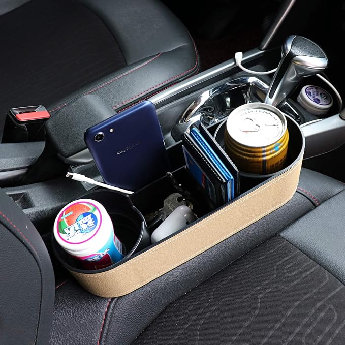 Car Seat Gap Filler Organizer with Cup Holder, Beige | Front Seat Organizer, Console Side Pocket, Cell Phone Holder, Coin Bucket, Car Storage Box, Universal Fits, Easy Installation - Image 4