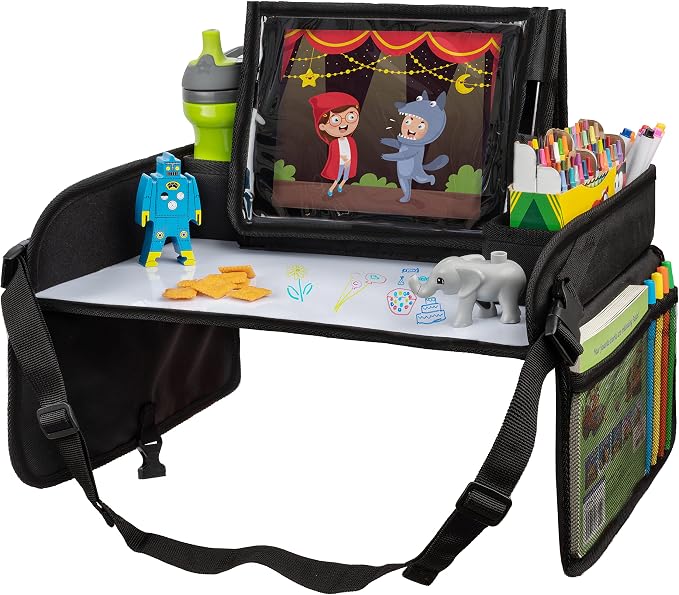 Lusso Gear Car Seat Tray - Dry-Erase Lap Desk for Kids Travel Activities - Snack & Cup Holder for Car Back Seat Organizer - Tablet Stand for Toddler Travel Essentials - Black by LussoGear