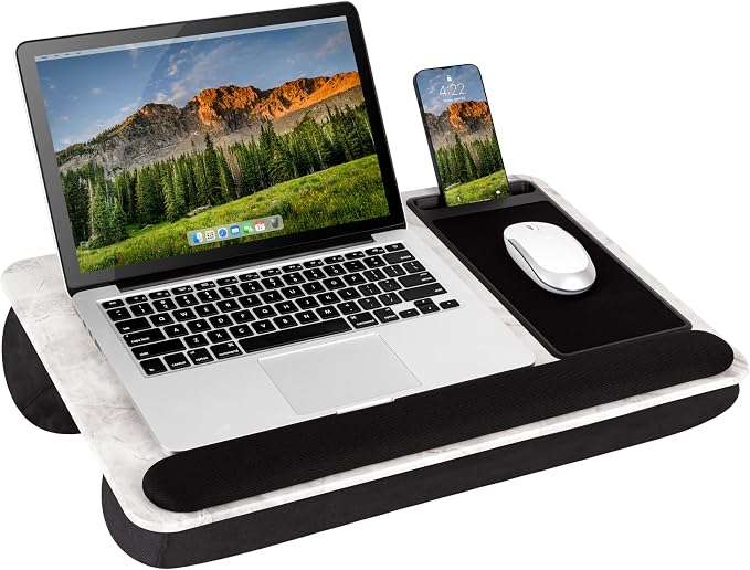 LAPGEAR Home Office Pro Lap Desk – White Marble, Fits 15.6” Laptops | Built-In Mouse Pad & Phone Slot, Wide Cushioned Wrist Rest, Dual-Bolster Microbead Cushion, Carry Handle by LapGear