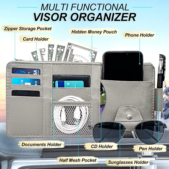 Keedolla Car Sun Visor Organizer with Zipper Pocket, Auto Interior Accessories Pocket Organizer Car Truck Visor Storage Pouch Holder for Cards, Pens, Sunglasses and Document - Gray - Image 2