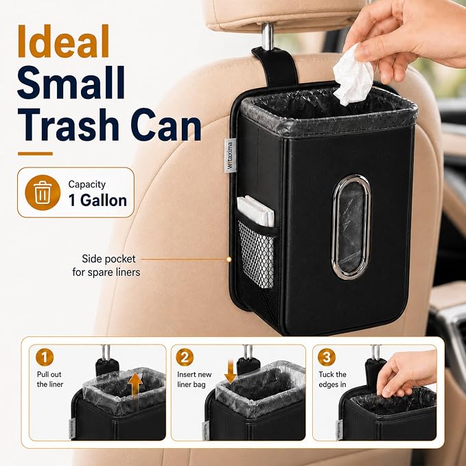 Witaxima Multifunction Leather Car Tissue Holder with Headrest Hook 1 Pack | Car Small Trash Can & Seat Back Organizer PU Leather kleenex holder for 120-150 Tissues Keep Car Tidy, Black - Image 6