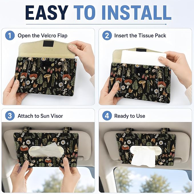 Car Tissue Holder, Cute Sun Visor Napkin Holder Backseat Tissue Case, PU Leather Tissue Box, Funny Car Accessories for Women Men Brown Cute Boho Mushrooms - Image 3