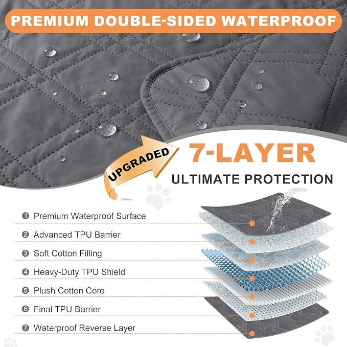 100% Waterproof Dog Bed Cover Pet Blanket, Gray+Gray (30"x30") | ,7-Layer Reversible Couch Covers for Dogs Met for Sofa Furniture Car Camping - Image 2