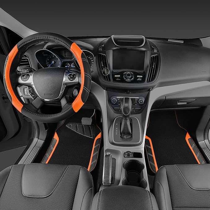 CAR PASS Leather Steering Wheel Cover and Waterproof Car Floor Mats,Microfiber Universal Car Combo Fit for 95% Sedan SUV Van Truck,14.5-15inch Sporty Anti-Slip Safety Comfortable Design, Black＆Orange - Image 3