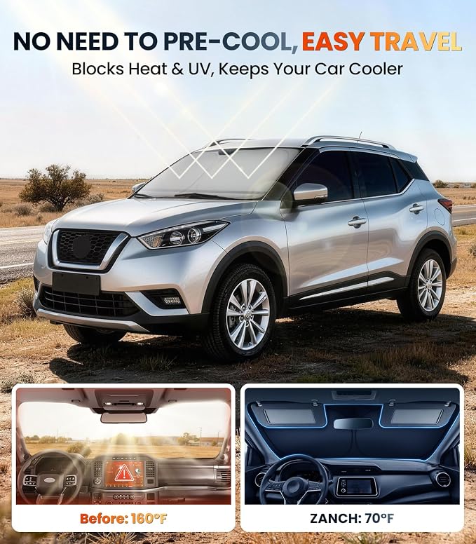Zanch Custom Windshield Sun Shade for Nissan Kicks 2018-2026, 7-Layer UV & Heat Block, 3D Laser Scanned, Interior Protection, Keep Car Cooler, Foldable SUV Accessories - Image 2