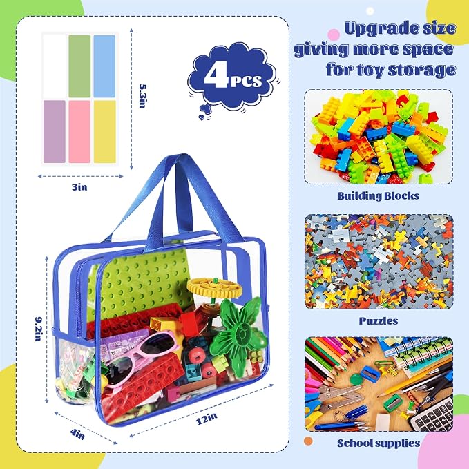 4 Pcs Toy Storage Bags, Clear PVC Toy Organizer with Zipper, Waterproof Travel Bags with Labels for Building Blocks, Puzzle, Kids Books (multicolor2) - Image 2