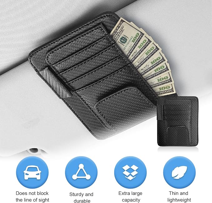 Augeny Car Sun Visor Organizer, Auto Visor Organizer and Storage, Registration and Document Holder, Vehicle Accessories for Sunglasses Document Card Pen Driver License (Carbon Fiber Black) - Image 4