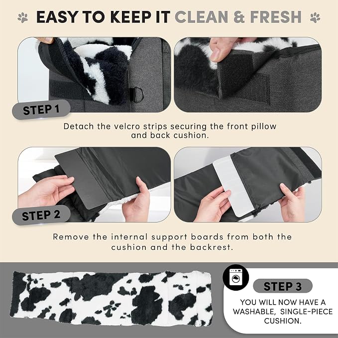BurgeonNest Center Console Dog Car Seat for Small Pets to 11lbs, Milk Cow | Anti-collapse armrest Console seat with washable fluffy cushion, pillow & tether for stable, cozy pet travel trips. - Image 5