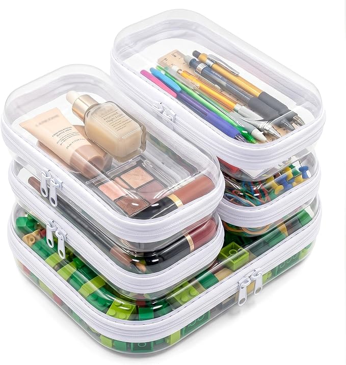 Clear Hard Shell Zipper Cases (5 Packs), Plastic Hard Sided Zippers Pouches Clear Hardshell Pencil Case For Storage, Diaper Bag Organizer Bliss Bins 4*Small/1*Medium by CarryEpic