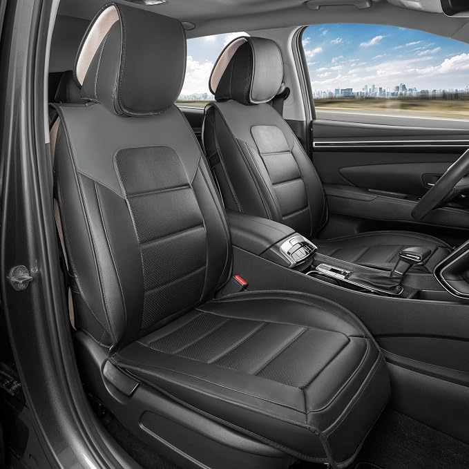 MotorBox Classic Edition Seat Covers, Premium Faux Leather Seat Covers for Cars Trucks Vans SUV, Semi Custom Fit Car Seat Covers Front Seats Only, Automotive Interior Cover - Gray | Charcoal and Black Car Seat Covers, Waterproof Leather Seat Covers, Ca... - Image 2