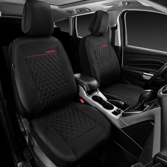 CAR PASS Quilting Leather Seat Cover Two Front Seats Only, Universal Fit Automotive Front Seat Covers Waterproof Deluxe PU Premium Vinyl Luxury for Cars Sedan Van SUV Airbag Compatible 2 Pieces,Black - Image 3
