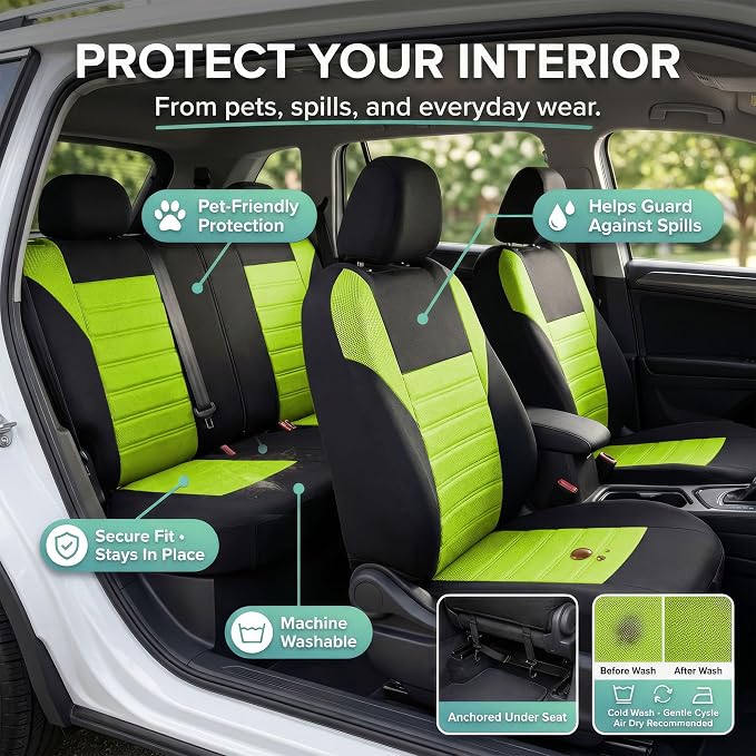 FH Group Automotive Car Seat Covers Full Set Premium 3D Air Mesh Front Seat Covers, Airbag Compatible & Split Bench Cover Universal Fit Interior Accessories for Cars Trucks and SUVs - Green - Image 6