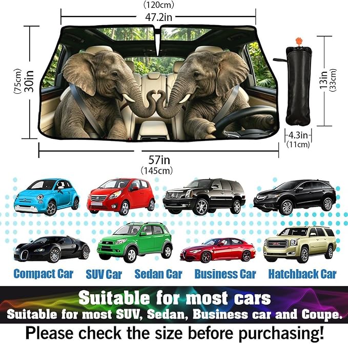 Elephant Driving Car Windshield Sun Shade Umbrella Elephant Gifts for Women Foldable Funny Animal Sunshade for Car Windshield Block UV Rays for Fits Most Sedans SUV Trucks Cars 57"x30" - Image 5