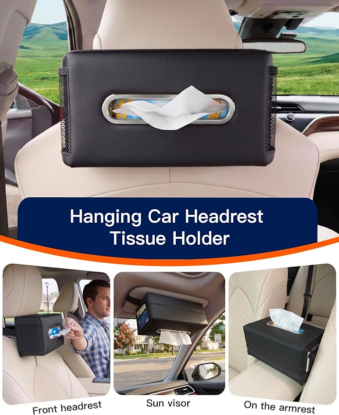 Large Car Tissue Holder PU Leather Organizer with 2 Mesh Pockets | Rectangle Tissue Box Cover for Headrest, Backseat & Armrest, Smooth-Pull Metal Opening Fits 120-160 Count Napkins - Image 3