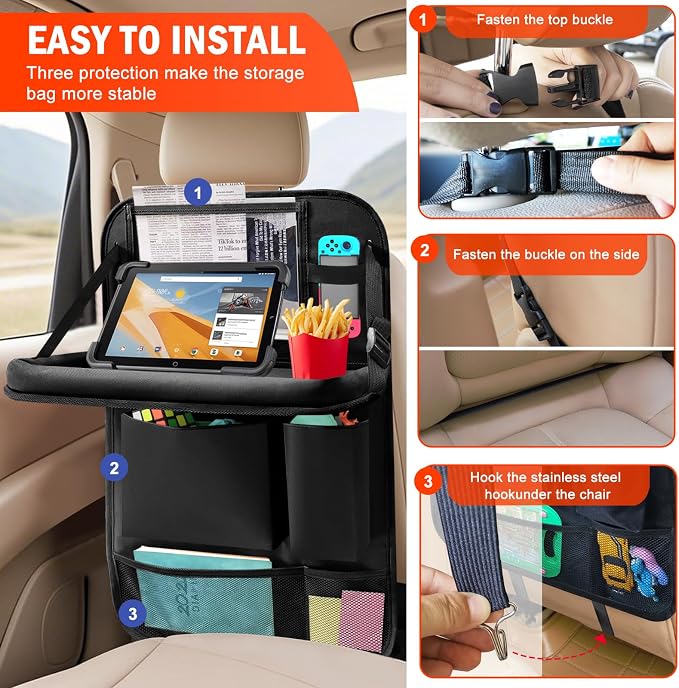 Car Backseat Organizer with Tablet Holder,6 Storage Pockets Car Storage Organizer with Foldable Food Tray,Kick Mats Backseat Protector Travel Accessories (Black) - Image 9