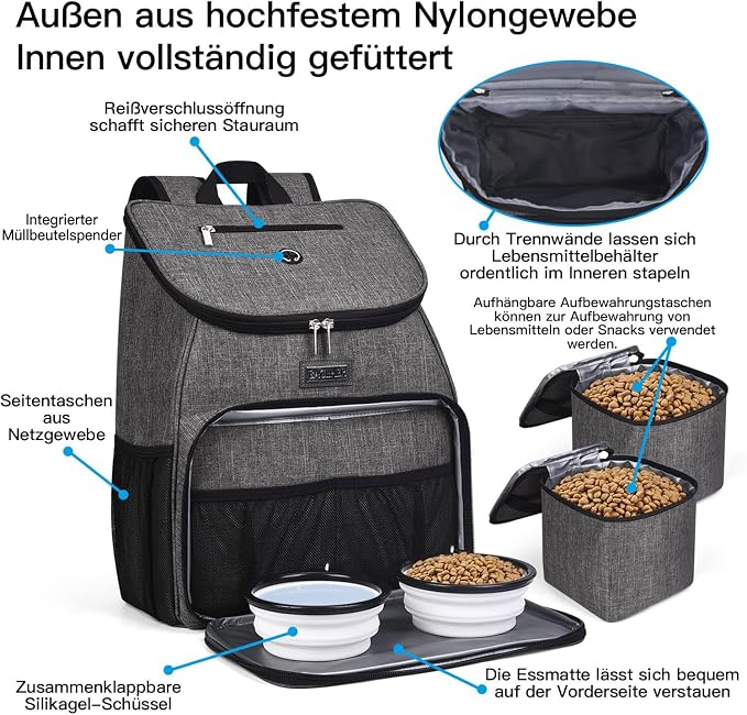BAGLHER丨Dog Travel Bag, Airline Approved Pet Supplies Backpack, Dog Travel Backpack Accessories Set with 2 Silicone Collapsible Bowls and 2 Food Baskets, Gray - Image 4