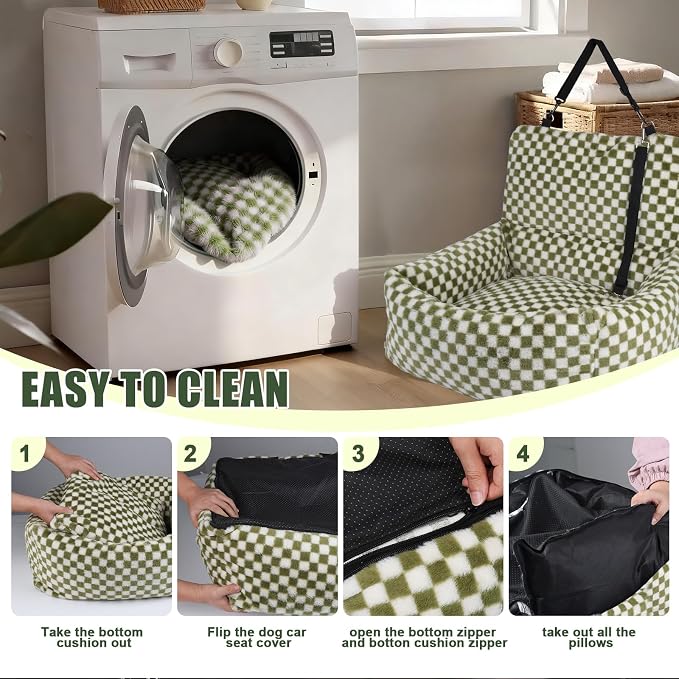 Dog Car Seat for Small Dogs,Medium Dog Car Bed with Detachable Washable Cover,Pet Puppy Booster Cars Seats with Safety Belt Up to 30 lbs(Grid Green) - Image 5