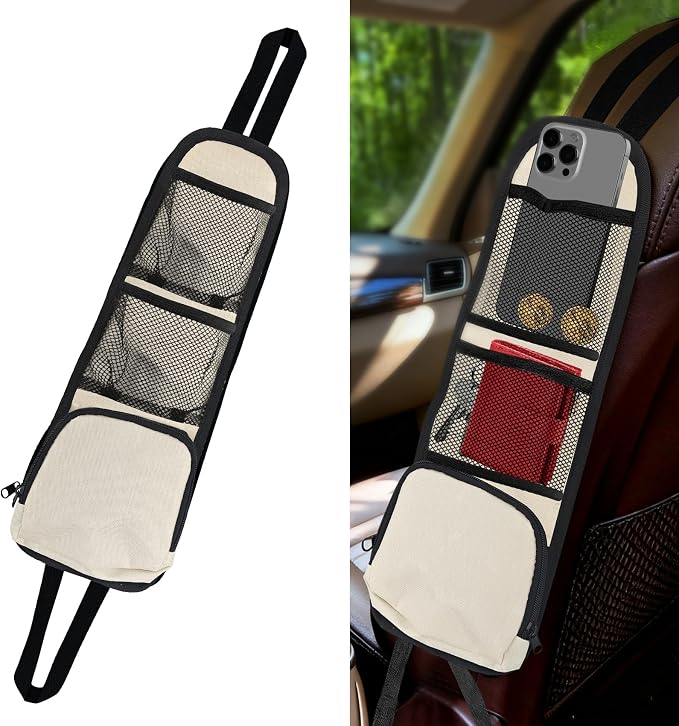 Car Seat Side Organizer, Car Organizers and Storage, Auto Front Seat Storage Hanging Bag, Auto Accessories Multifunctional Vehicle Mesh Pocket Holder for SUV Truck Sedan (Lvory White, 1PCS) by Unknown