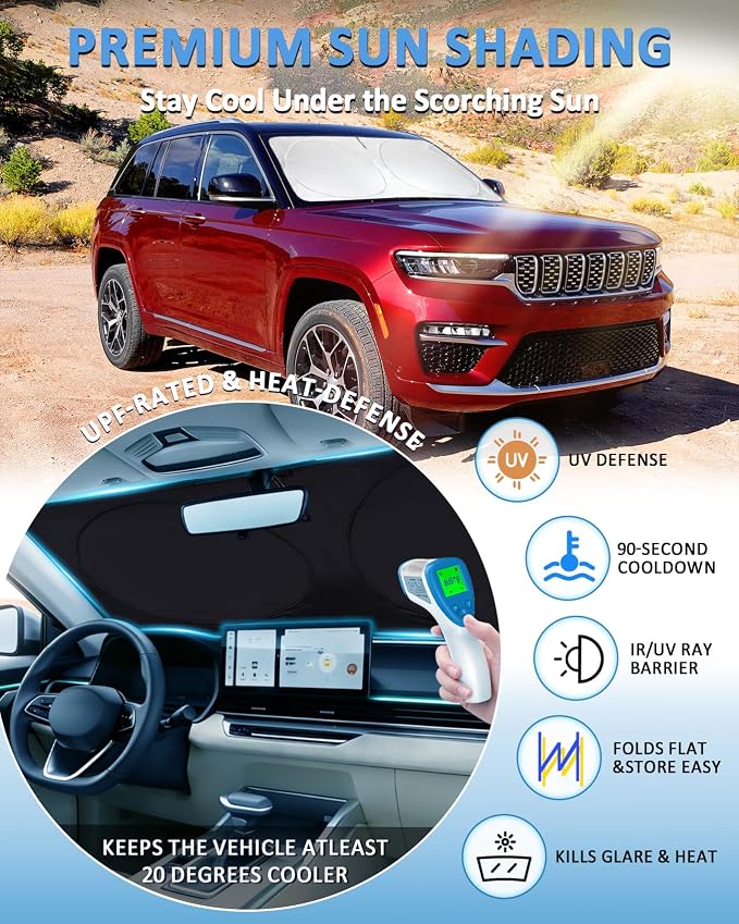 Custom fit Jeep Cherokee Windshield Sunshade for Cherokee 2014-2024 2025 Trailhawk,Overland, Limited, Altitude Accessories (Not for Jeep Grand Cherokee) Shade Cover for Windshield Screen Sun Visor - Image 2