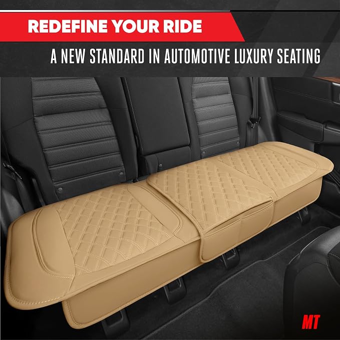 Motor Trend Rear Seat Cushion - Beige Diamond Stitched Faux Leather Rear Seat Cover for Cars, Trucks, SUVs - Padded, Waterproof, Non-Slip Back Seat Cover with Storage Pockets - Image 3