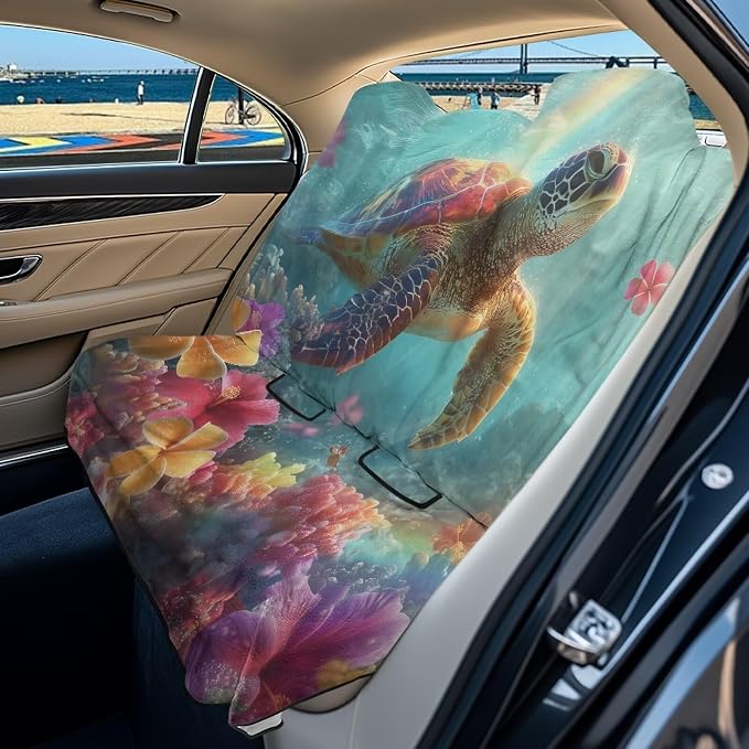 Turtle Hibiscus Plumeria Print Back Seat Cover for Car Trucks Van SUV, Waterproof Rear Bench Towel Seat Covers for Dogs and Kids, Sweat-Absorbent Automotive Backseat Protector by LACIYISON