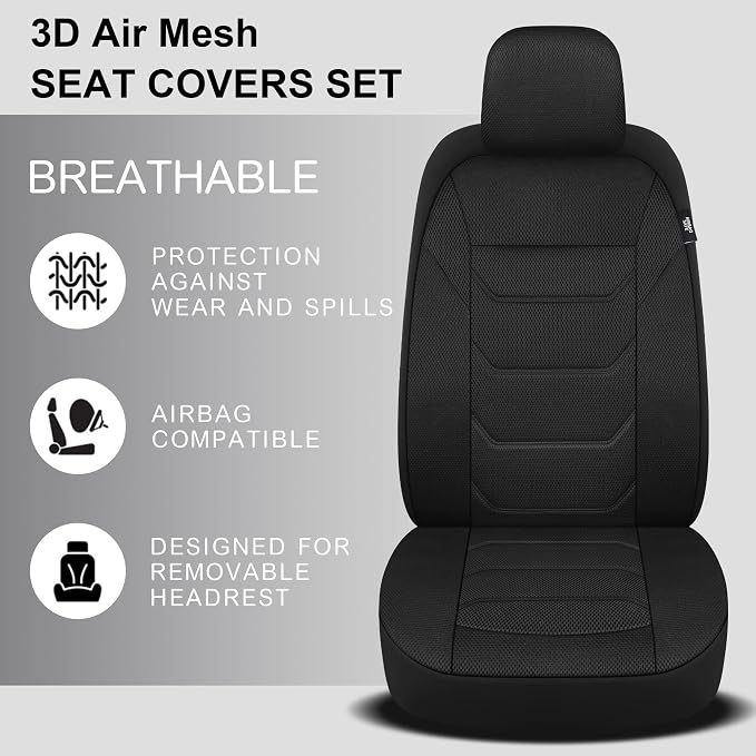 Pariiaotin 3D Air Mesh Car Seat Covers Front Sets Washable and Breathable Premium Cloth Automotive Vehicle Seat Covers for Cars Interior, Universal Fit for Most Cars, Sedan, Truck, SUV(Black) - Image 3