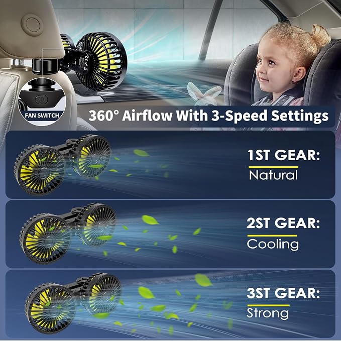 XOOL Car Fan for Backseat Kids, Dual Head USB Car Cooling Fans - 3 Speeds 360° Rotatable Rear Headrest Fans, 5V/2A Powerful Electric Air Circulation Fan for Vehicles SUV RV - Image 5