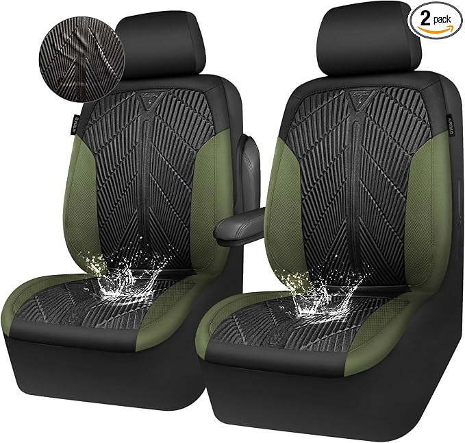 CAR PASS Waterproof Car Seat Covers Front Seats Covers Neoprene Wetsuit, All-Weather Non-Slip Durable,Universal Fit for SUV Sedans Trucks Vans Automotive,Armrest Airbag Compatible,Emboss 2 Black Green by CARPASS