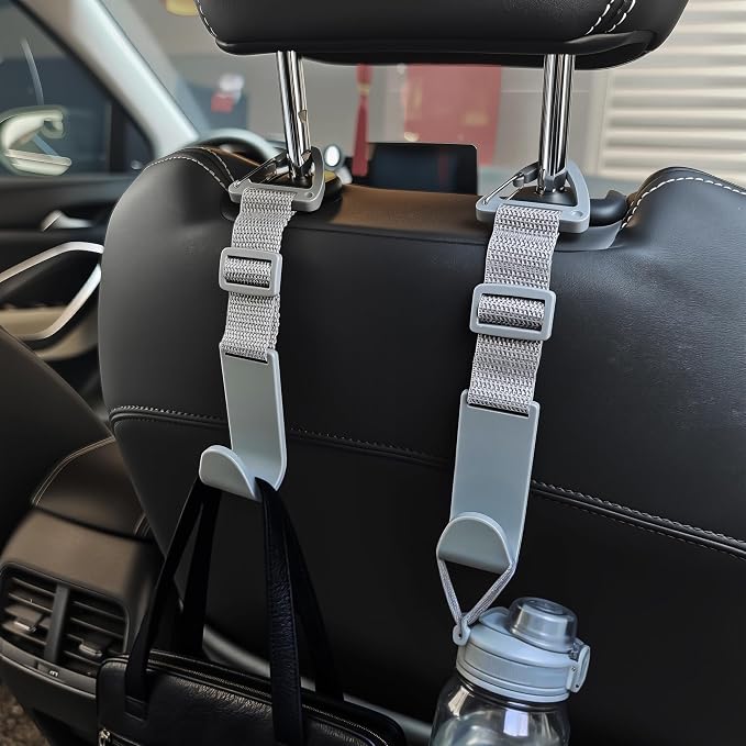 Amooca 4 Pack Anti-drop Headrest Hooks Adjustable Car Seat Organizer | Universal Fit with Clip, Hanger for Backpack Umbrella Water Bottle Coat Purses Handbags Groceries, 40lb Heavy Duty, Gray - Image 2