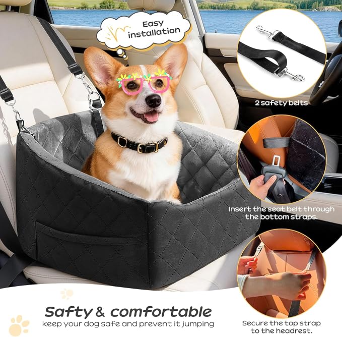 Dog Car Seat for Small Dogs Up to 30 Lbs, Pet Travel Safety Bed for Puppy Cat, Fits in Front/Back Seat, Anti Slip Base, Fully Detachable Washable with 2 Safety Tether(Grey-Black) - Image 4