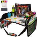 Lusso Gear Kids Car Seat Travel Tray - Dry-Erase Tablet Holder for Road Trip Activities - Cup Holder & Storage for Toddler Travel Essentials - Plane Activity Tray for Airplane Essentials - Dinos by LussoGear