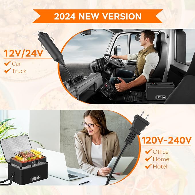 Portable Oven, 12V 24V 110V-240V Car Food Warmer Portable Personal Mini Oven Electric Heated Lunch Box for Meals Reheating & Raw Food Cooking for Road Trip/Camping/Picnic/Family Gathering(Black) - Image 3