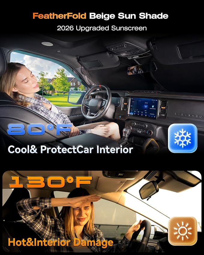 Cooling Windshield Sun Shade for Ford Bronco 2021-2026, 240T Beige, UPF 50+ | Heat-Insulating Fabric, 99% UV Protection and Heat Insulation, Foldable, Storage Bag Included, for Cars SUVs and Trucks - Image 3